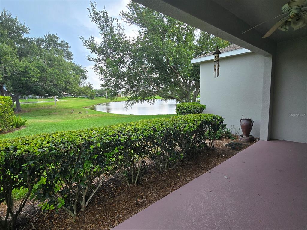 A covered patio overlooks a grassy lawn, a pond, and mature trees — 3637 SUMMERWIND CIRCLE, BRADENTON, FL