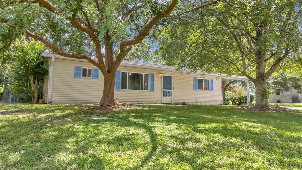 A single-story house with light siding and blue shutters sits behind large trees — 6446 SW 106TH PLACE, OCALA, FL
