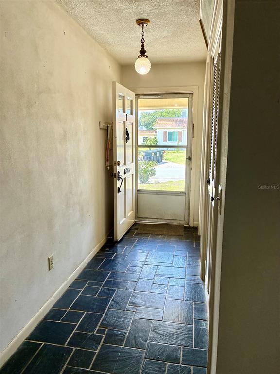 An entryway features dark slate tile flooring, a white door, and a hanging pendant light — 1657 S LAKE AVENUE UNIT 1, CLEARWATER, FL