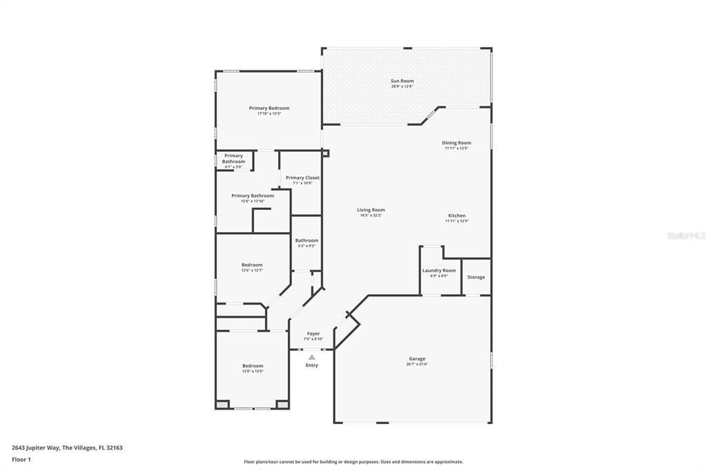 This is a floor plan for a single-story residential home with a garage and sunroom — 2643 JUPITER WAY, THE VILLAGES, FL