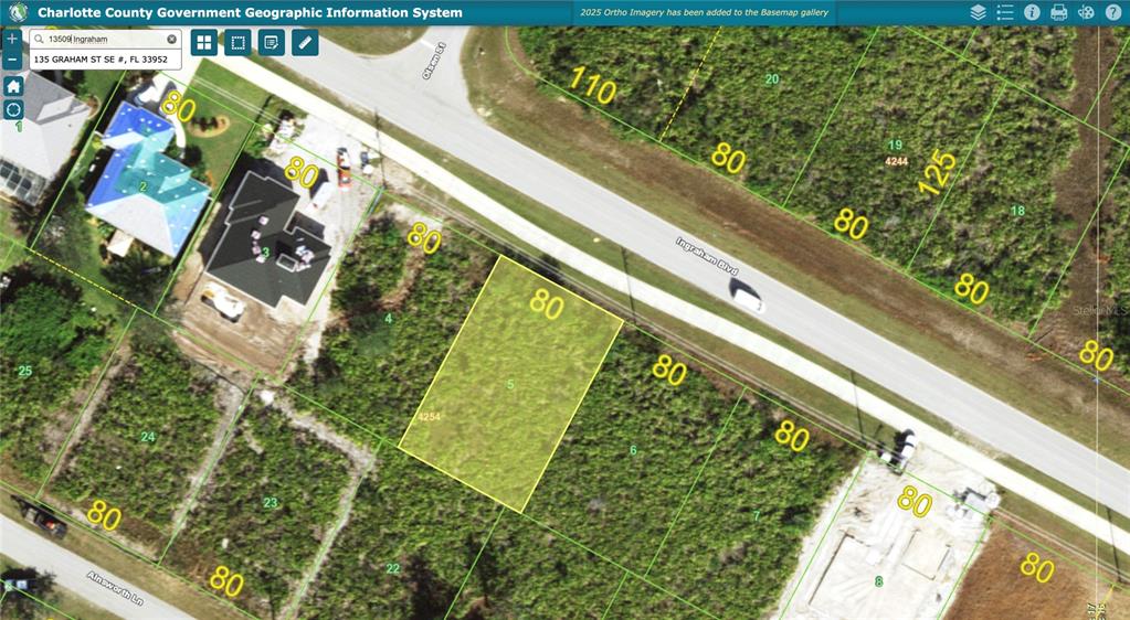 This is a map showing a highlighted vacant residential lot along a paved road — 13509 & 13517 INGRAHAM BOULEVARD, PORT CHARLOTTE, FL