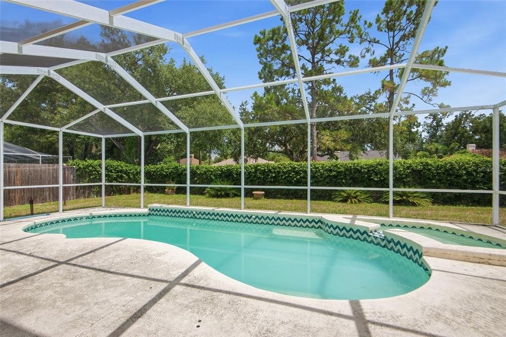 A swimming pool with a decorative tile border is enclosed by a white screen cage — 9602 SUNNYOAK DRIVE, RIVERVIEW, FL