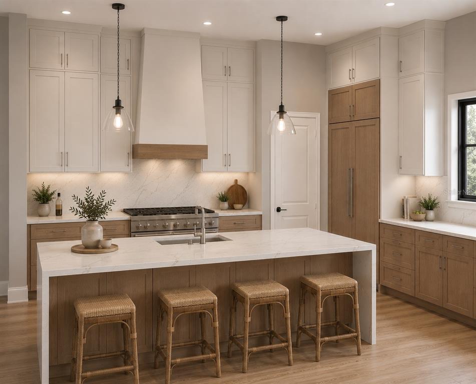 This is a rendering of a modern kitchen with two-tone cabinetry, a marble island, and stools — 910 ENCLAVE PLACE, WINTER PARK, FL