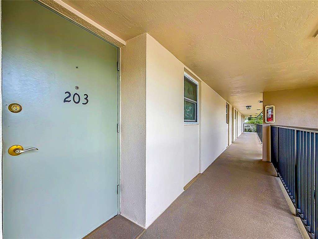 An exterior apartment hallway features a light green door labeled 203 and a metal railing — 9945 47TH AVENUE N UNIT 203, ST PETERSBURG, FL