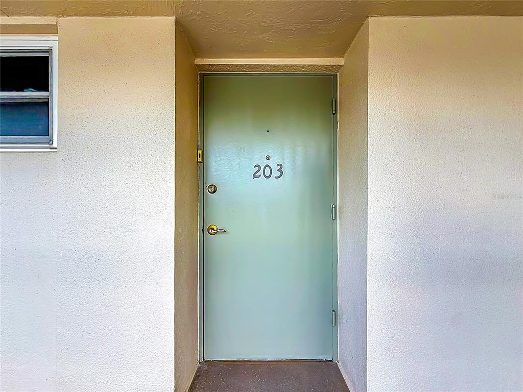 A light green apartment door labeled 203 is set within a plain beige exterior wall — 9945 47TH AVENUE N UNIT 203, ST PETERSBURG, FL