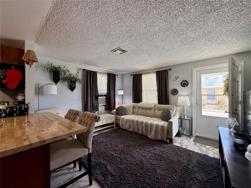 A living room features a beige sofa, dark curtains, a shaggy rug, and a kitchen counter — 4926 FILNER STREET, NEW PORT RICHEY, FL