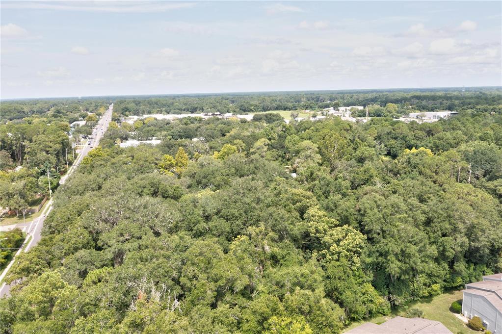 An aerial view shows a dense forest area adjacent to a road and residential buildings — 780 NE 23RD AVENUE, GAINESVILLE, FL