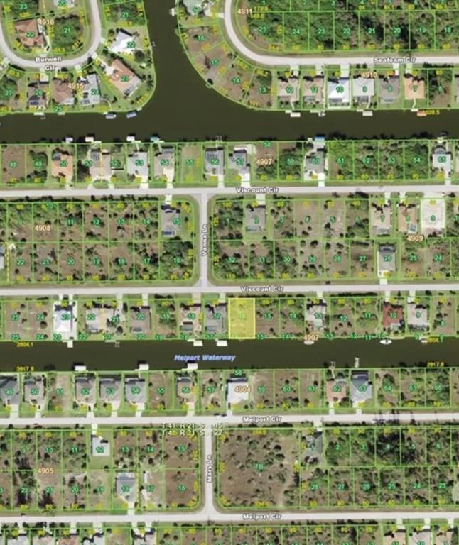 This is an aerial map showing a residential neighborhood with houses, streets, and a waterway — 15842 VISCOUNT CIRCLE, PORT CHARLOTTE, FL