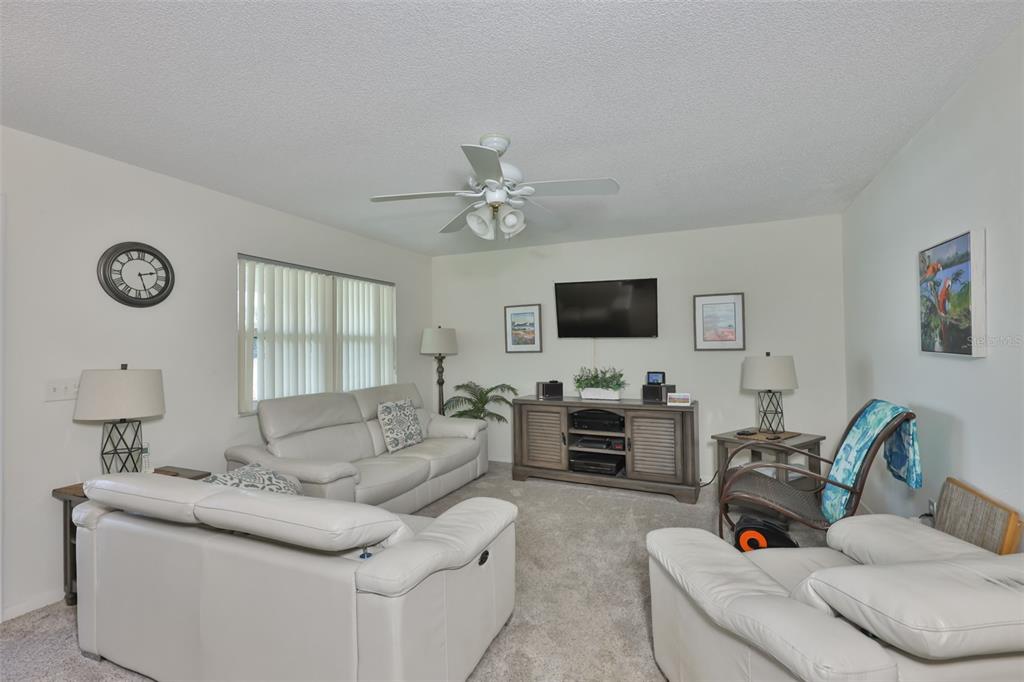 A living room features light-colored sofas, a ceiling fan, a television, and carpeted flooring — 700 RUTGERS PLACE, SUN CITY CENTER, FL