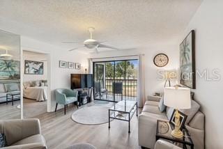A living room features light wood flooring, a ceiling fan, and a sliding glass door — 104 E CYPRESS COURT UNIT 104, OLDSMAR, FL