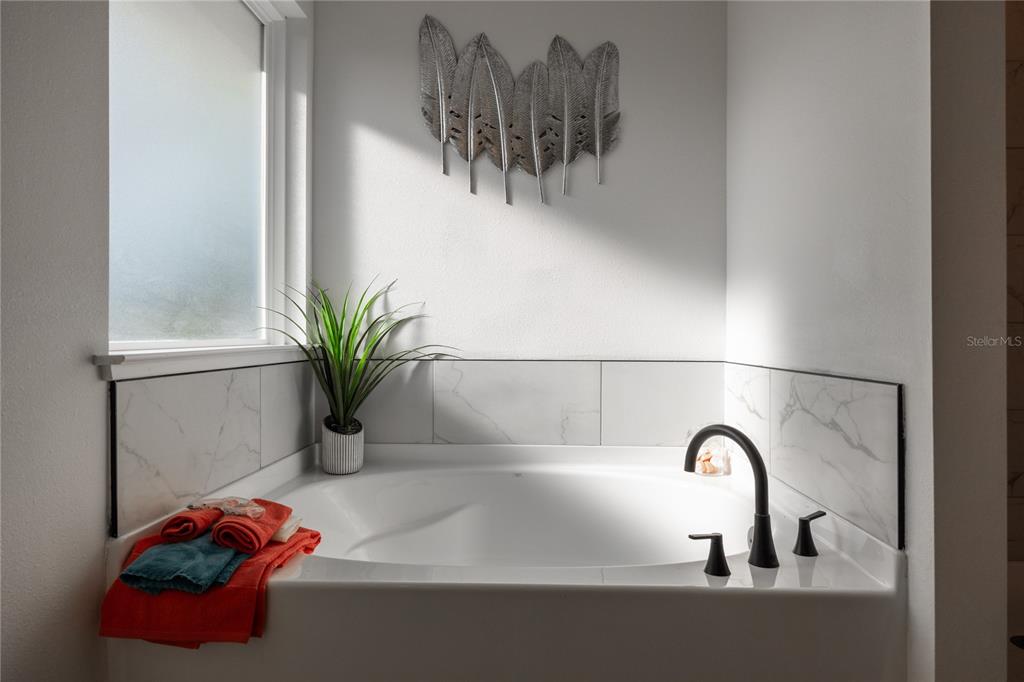 A white soaking tub with a black faucet sits beneath a window and wall art — 16929 NW 176TH WAY, ALACHUA, FL