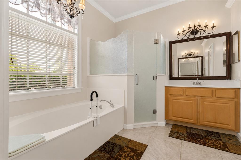 A bathroom featuring a soaking tub, a glass-enclosed shower, and a wooden vanity with mirror — 631 WATERLAND COURT, ORLANDO, FL