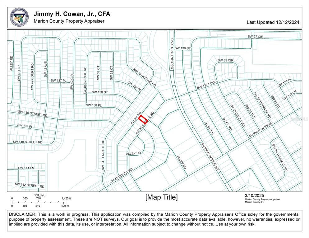 This is a property appraiser map showing residential lots and streets in Marion County — 0 SW 36TH AVENUE ROAD, OCALA, FL