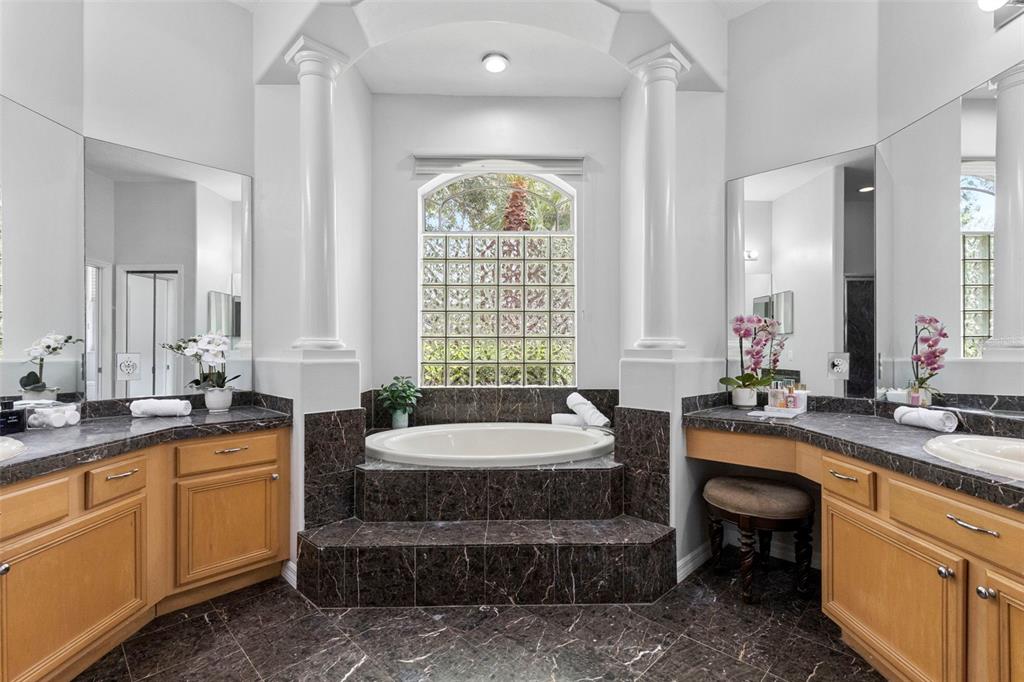 A bathroom features a central soaking tub, marble tile, dual vanities, and glass block windows — 8380 GOLDEN PRAIRIE DRIVE, TAMPA, FL