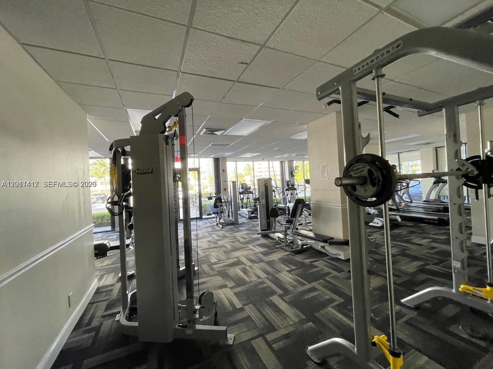This gym features a variety of exercise machines, patterned carpet flooring, and large windows — 2049 S Ocean Dr # 1504, Hallandale Beach FL 33009, HALLANDALE BEACH, FL