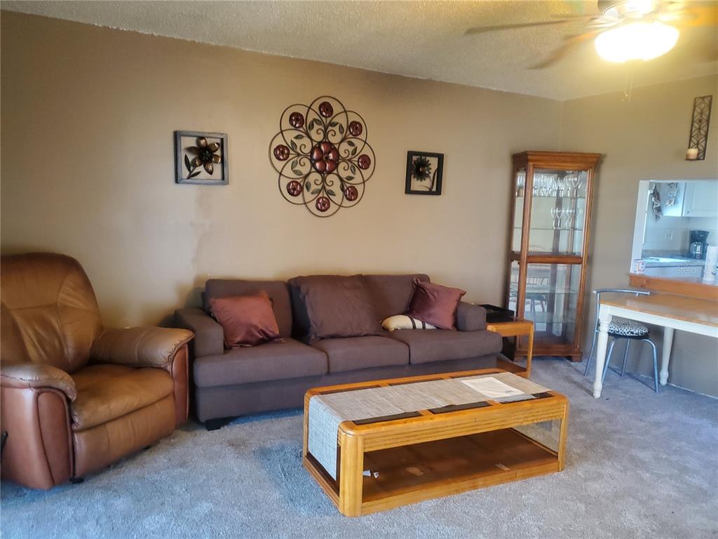 A living room features a brown sofa, a leather recliner, and a wooden coffee table — 7701 STARKEY ROAD UNIT 316, SEMINOLE, FL
