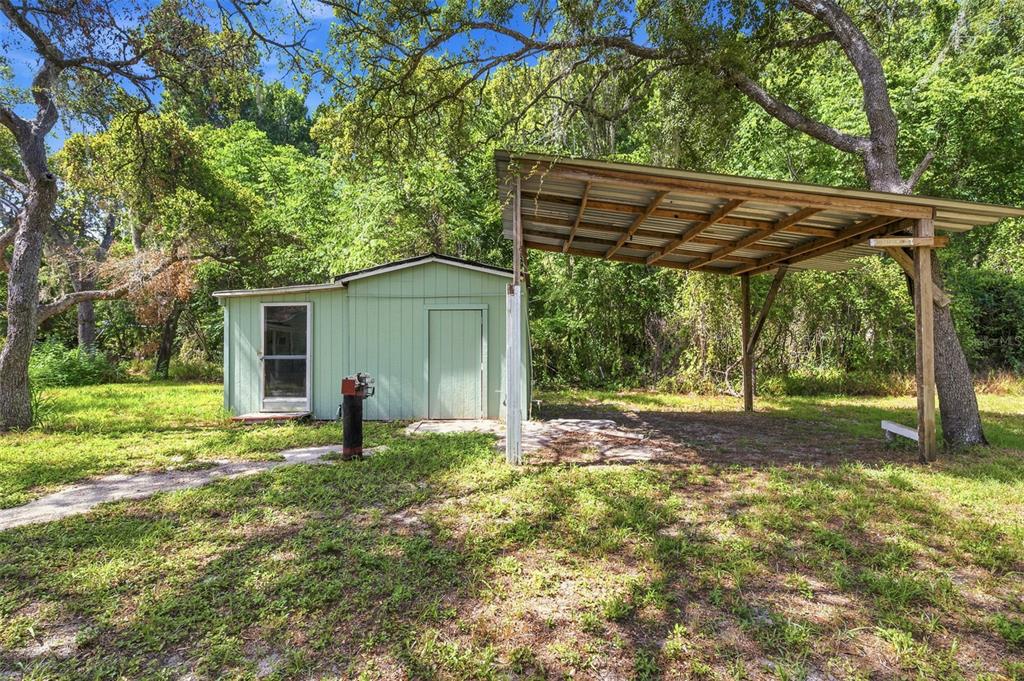 A light green shed with an attached metal carport stands in a grassy, wooded area — 12307 EAGLE LAKE AVENUE, NEW PORT RICHEY, FL