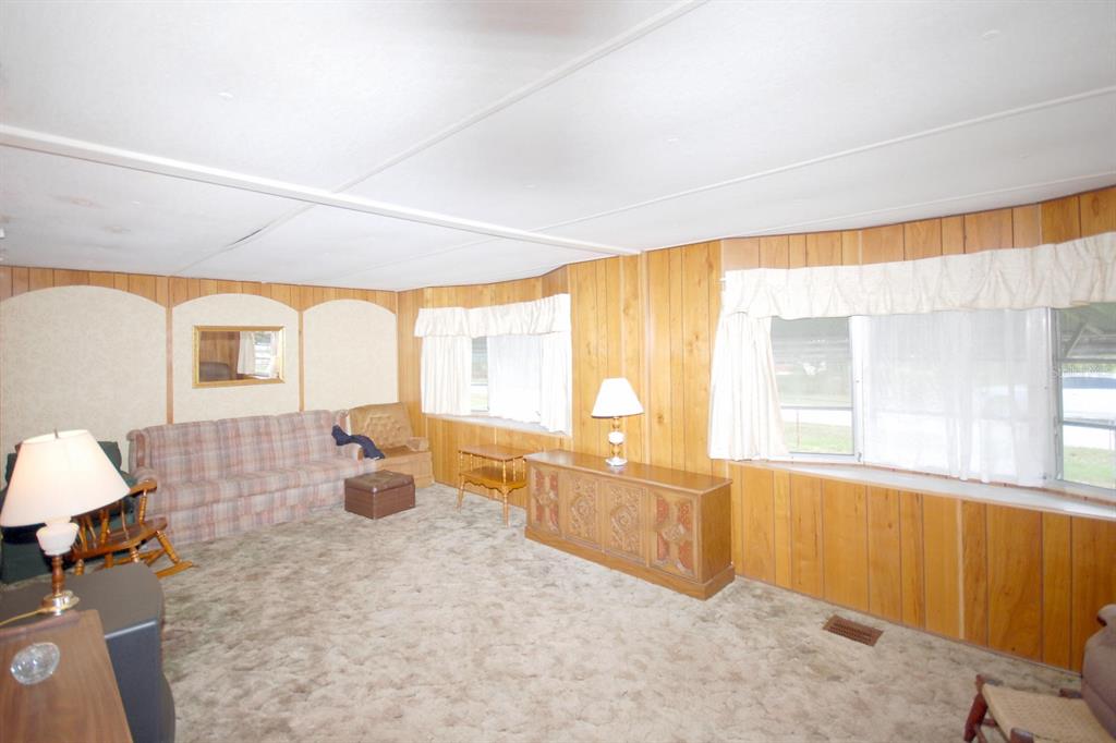 A living room with wood-paneled walls, beige carpeting, and a plaid sofa — 8810 COBB ROAD, RIVERVIEW, FL
