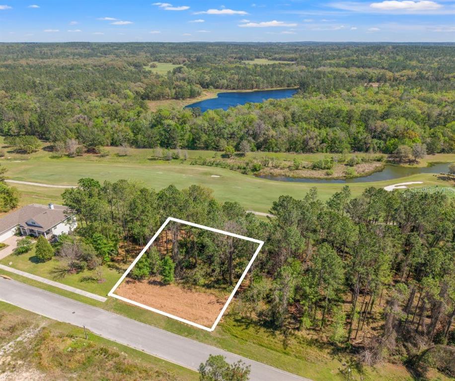 An aerial view shows a vacant, wooded residential lot adjacent to a golf course and lake — 20044 ENGLISH WALNUT PLACE, BROOKSVILLE, FL