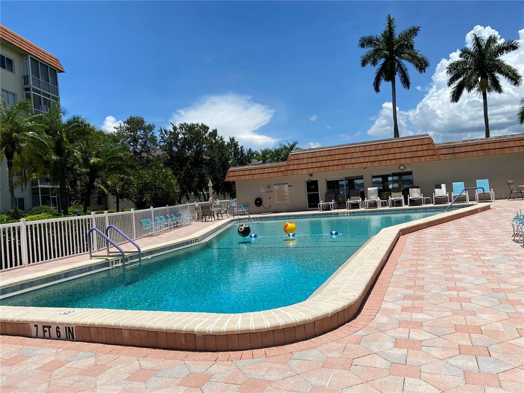 An outdoor swimming pool with a brick deck and palm trees under a blue sky — 1600 1ST AVENUE W UNIT 206A, BRADENTON, FL