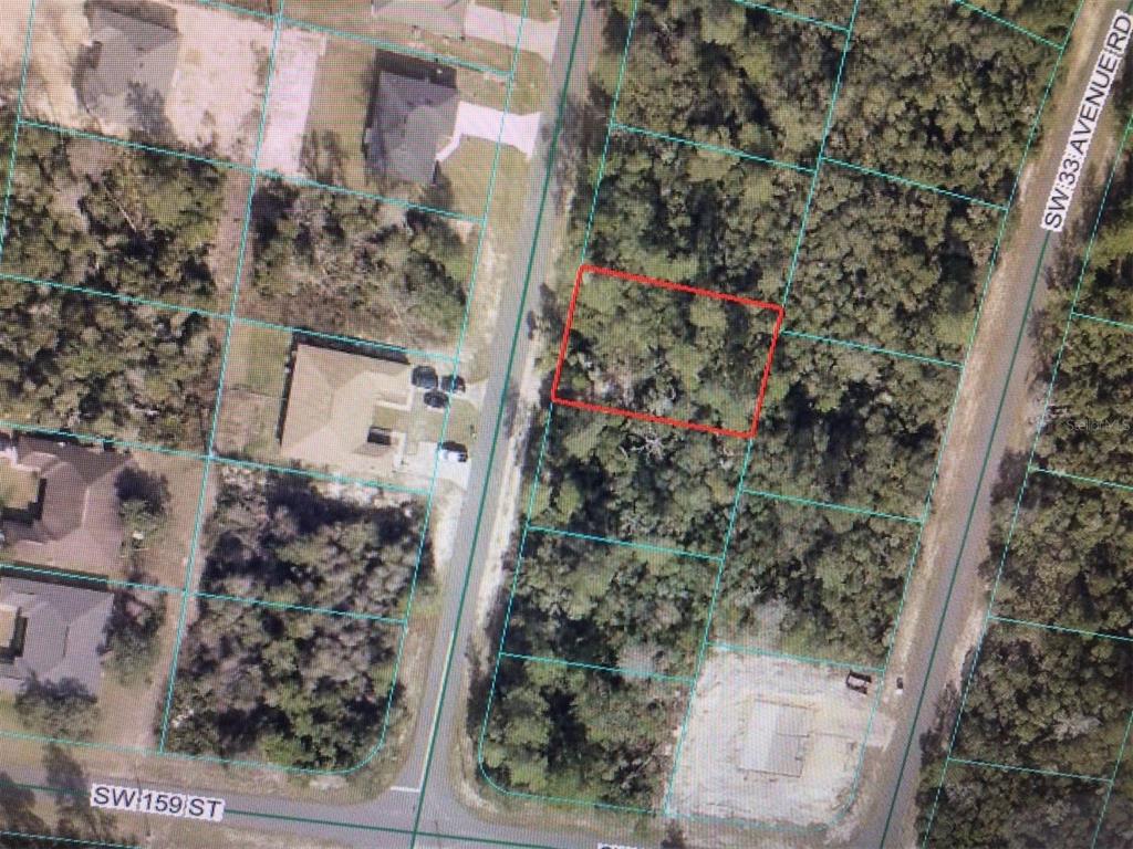 An aerial map view shows a rectangular plot of land outlined in red — 0 SW 34TH COURT ROAD, OCALA, FL