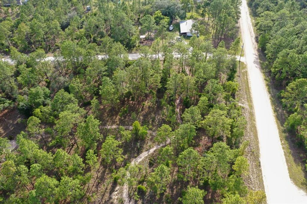 An aerial view shows a wooded lot bordered by two dirt roads — 0000 NE 131 LOT 10 TERRACE, WILLISTON, FL