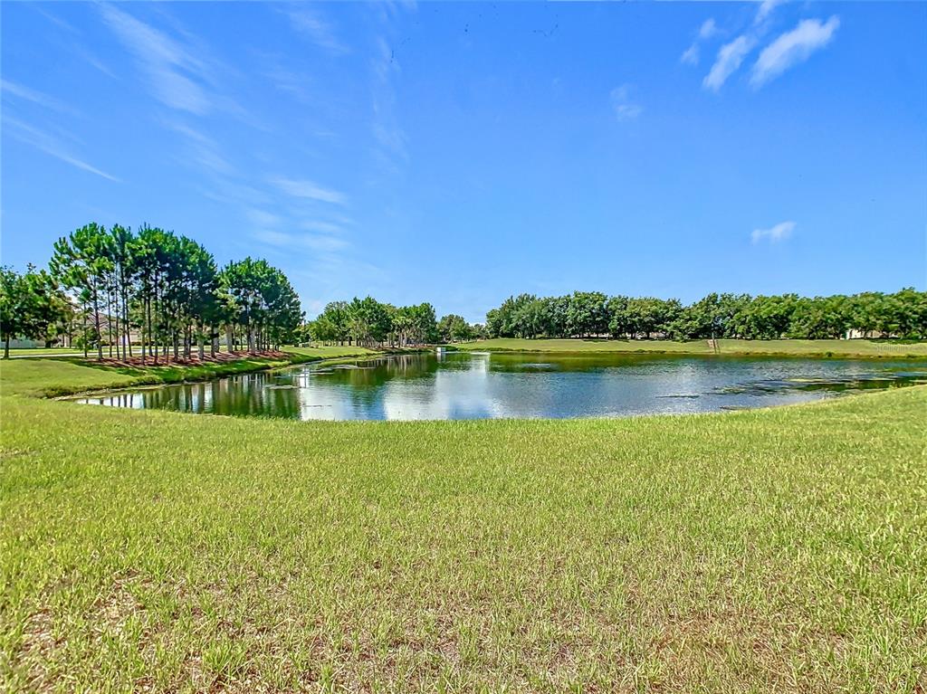 A grassy lawn leads to a pond surrounded by trees under a blue sky — 3231 AGOSTINO TER, KISSIMMEE, FL