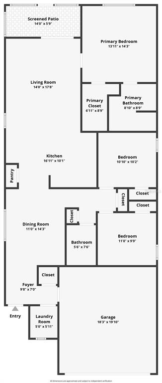 This is a floor plan showing a single-story home with three bedrooms and a garage — 2839 MAIDEN GRASS ISLE, WESLEY CHAPEL, FL