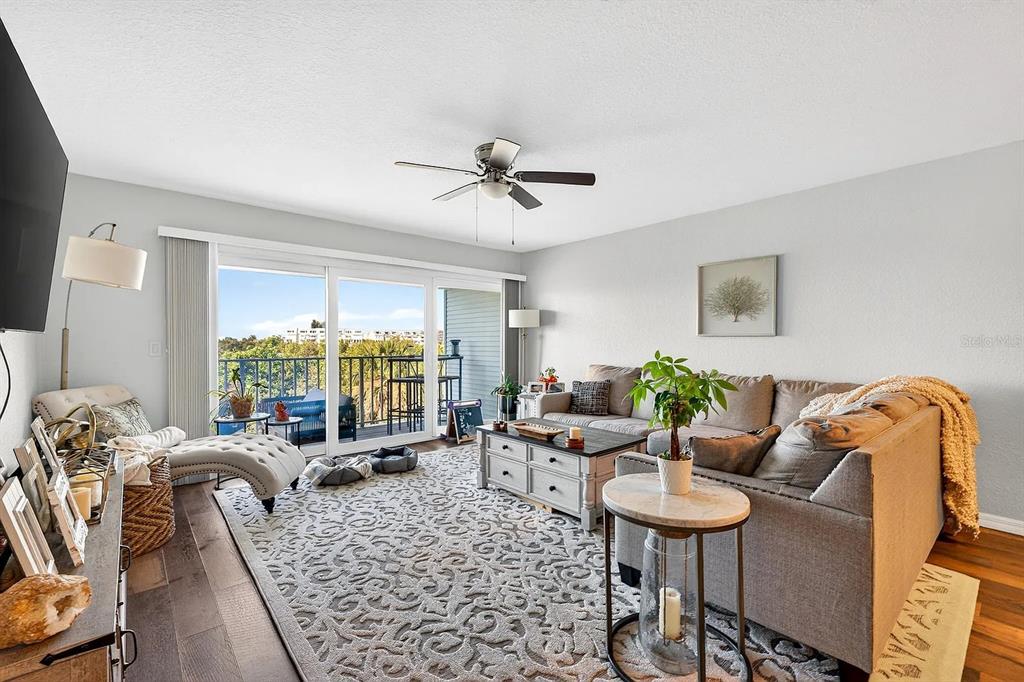 A living room features a sectional sofa, a patterned area rug, and a sliding glass door — 14793 SEMINOLE TRAIL, SEMINOLE, FL