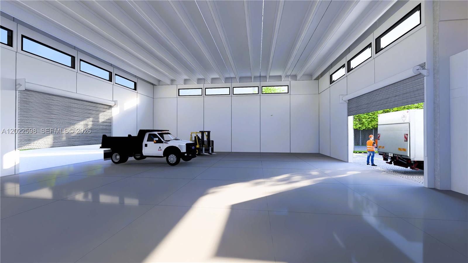 This rendering shows a spacious industrial warehouse interior with concrete floors and large roll-up doors — 7615 NW 6th Ct, Miami FL 33150, MIAMI, FL