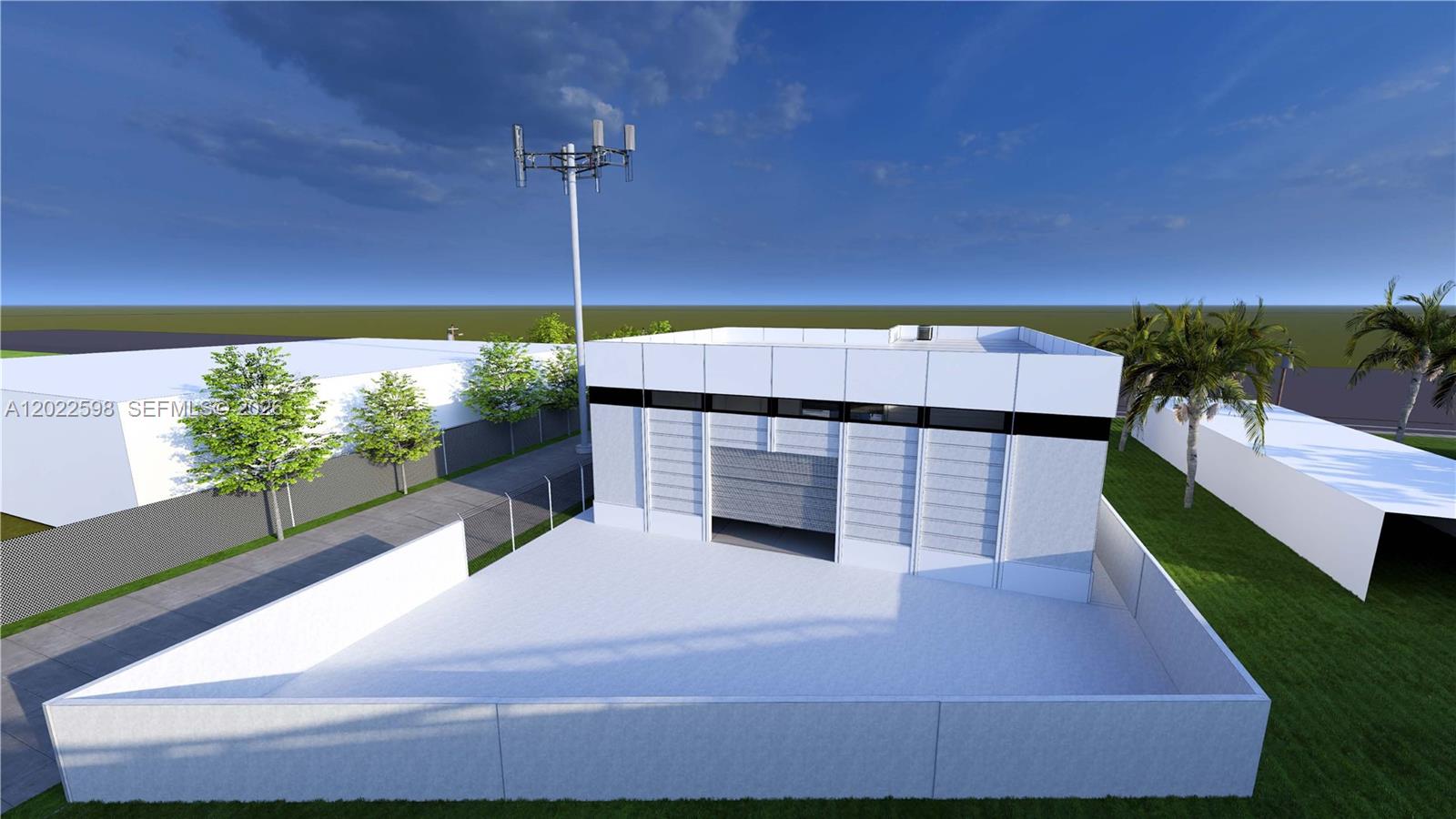 This is a digital rendering of a modern industrial building with a fenced concrete lot — 7615 NW 6th Ct, Miami FL 33150, MIAMI, FL