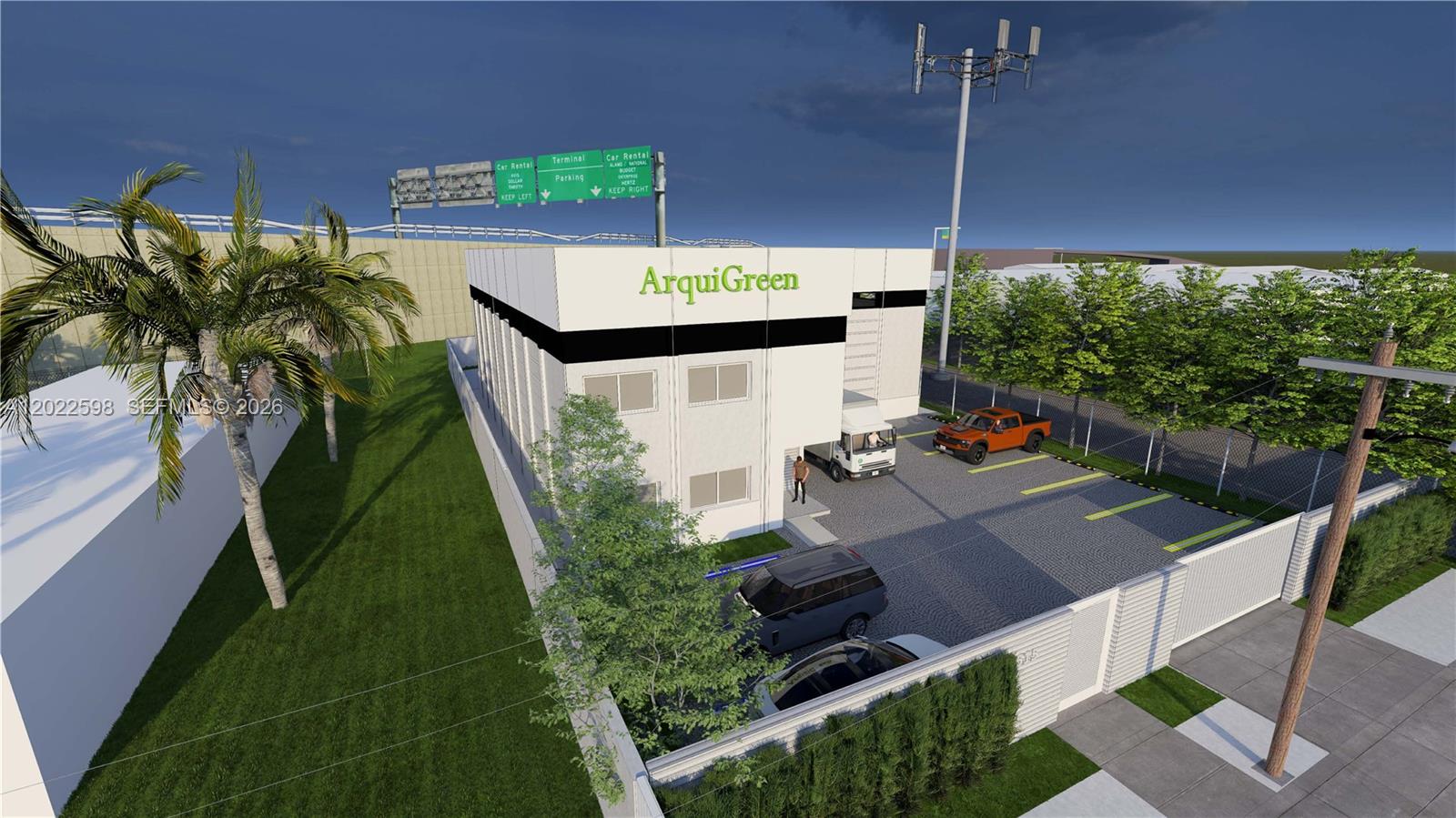 This is a 3D architectural rendering of a commercial building with a parking lot — 7615 NW 6th Ct, Miami FL 33150, MIAMI, FL