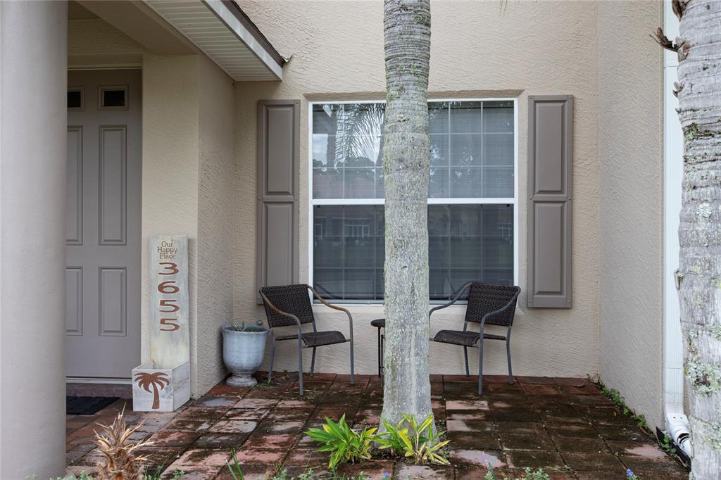 A patio with two chairs and a palm tree sits in front of a house — 3655 CASALTA CIRCLE, NEW SMYRNA BEACH, FL