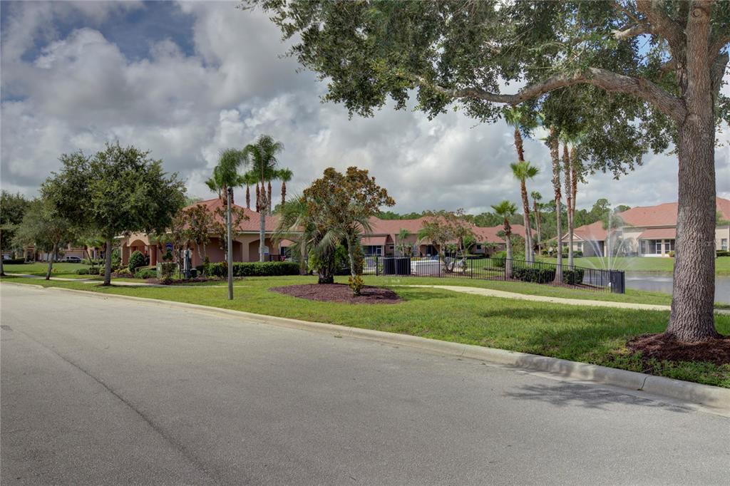 A street view of a residential neighborhood featuring houses, palm trees, and a small pond — 3655 CASALTA CIRCLE, NEW SMYRNA BEACH, FL