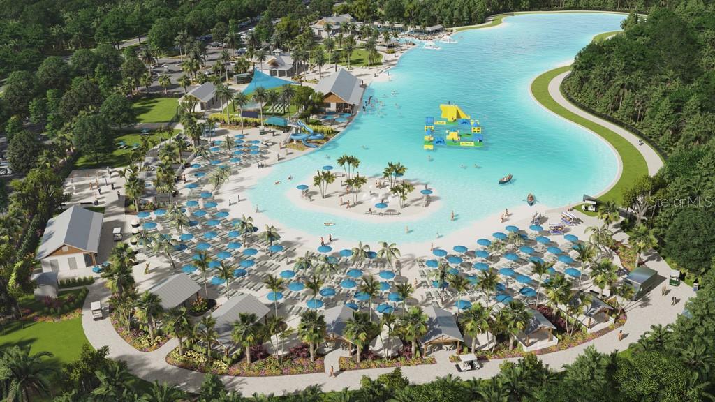 This is a rendering of a large recreational lagoon with a beach, umbrellas, and inflatables — 16620 GROTTO STEAM PLACE, WIMAUMA, FL