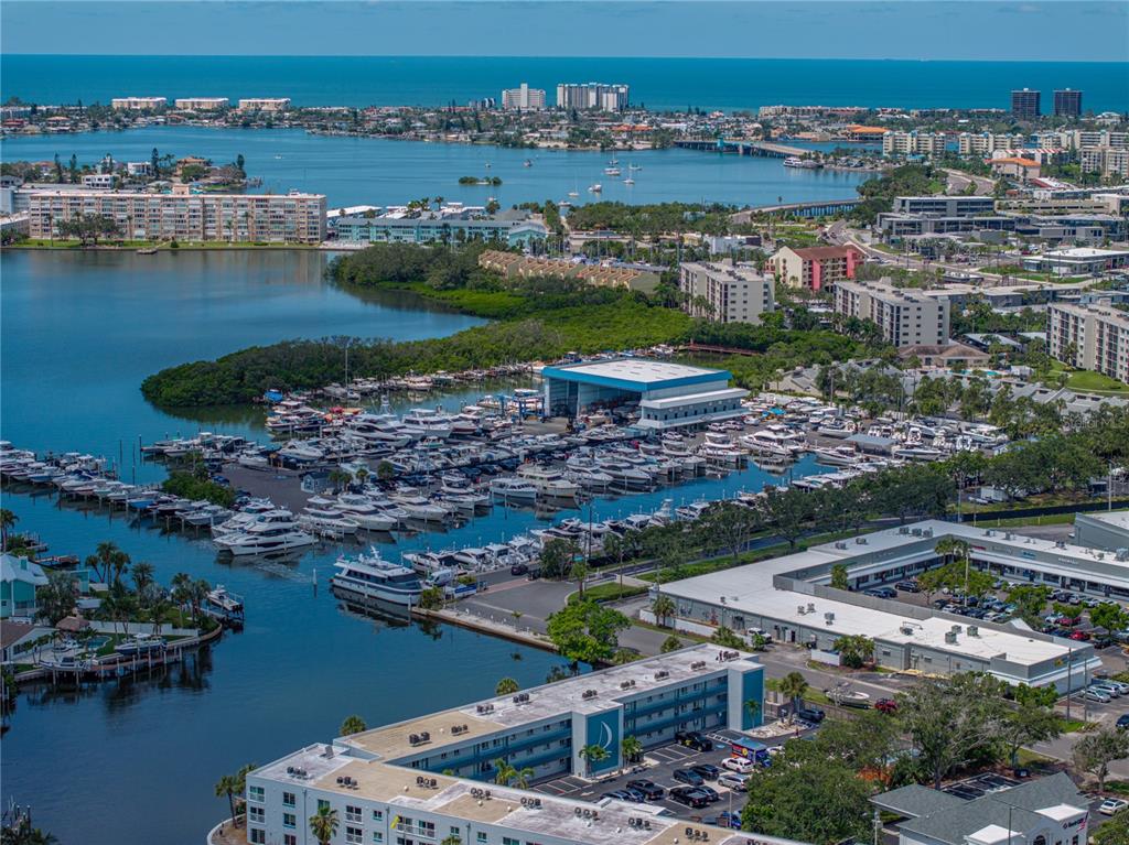 An aerial view shows a marina with numerous boats, surrounding buildings, and a nearby bay — 6709 CARDINAL DRIVE S, ST PETERSBURG, FL