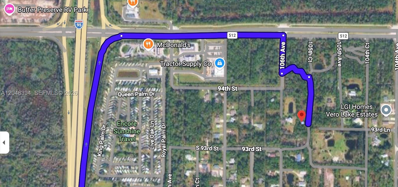 This map shows a property location highlighted with a route near a highway and businesses — 9335 105th Ct, Vero Beach FL 32967, VERO BEACH, FL