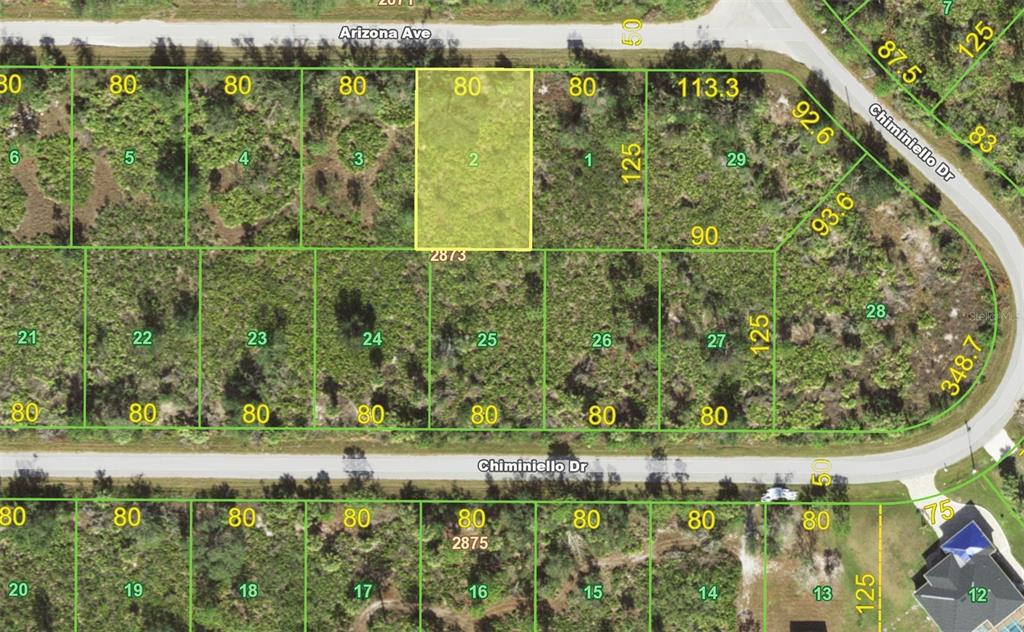This is a satellite map showing a highlighted vacant lot among other numbered land parcels — 13227 ARIZONA AVENUE, PORT CHARLOTTE, FL