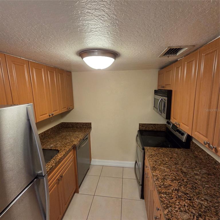 A galley kitchen features wood cabinets, granite countertops, stainless steel appliances, and tile flooring — 5221 BAYSHORE BOULEVARD UNIT 29, TAMPA, FL