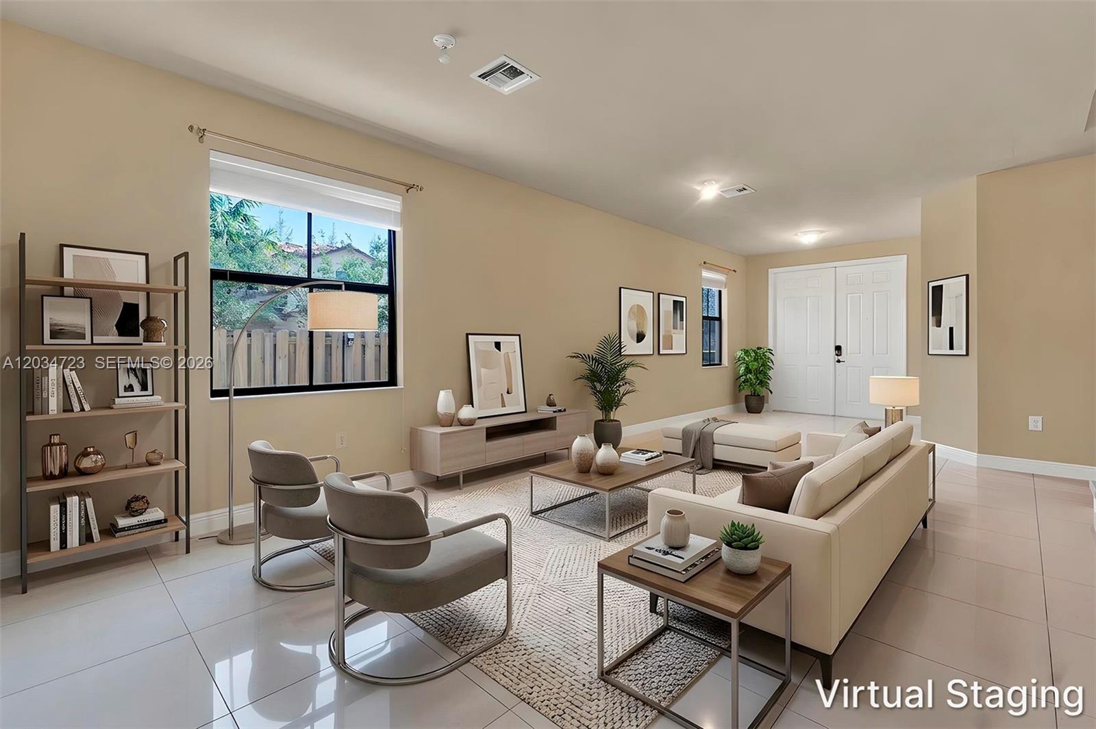This living room features light tile floors, neutral walls, and modern furniture with virtual staging — 8890 NW 99th Path, Doral FL 33178, DORAL, FL