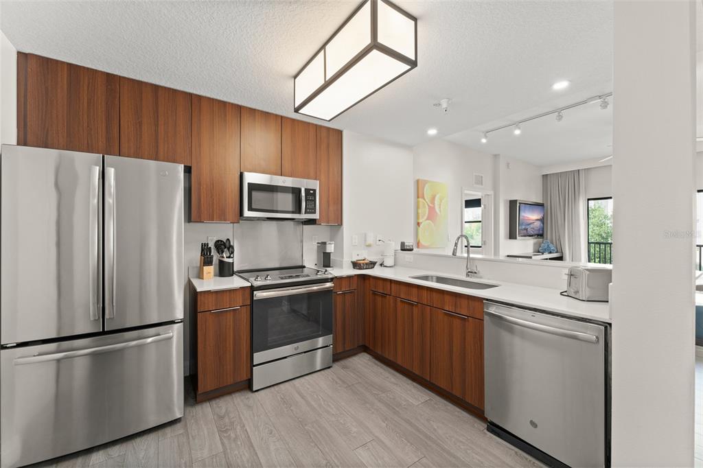 A modern kitchen features wood cabinets, stainless steel appliances, and a large rectangular ceiling light — 14501 GROVE RESORT AVENUE UNIT 2334, WINTER GARDEN, FL