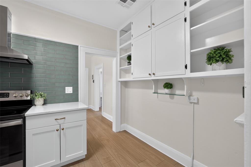 A kitchen sink area features white cabinets, a quartz countertop, and a green subway tile backsplash — 813 E NEW ORLEANS AVENUE, TAMPA, FL