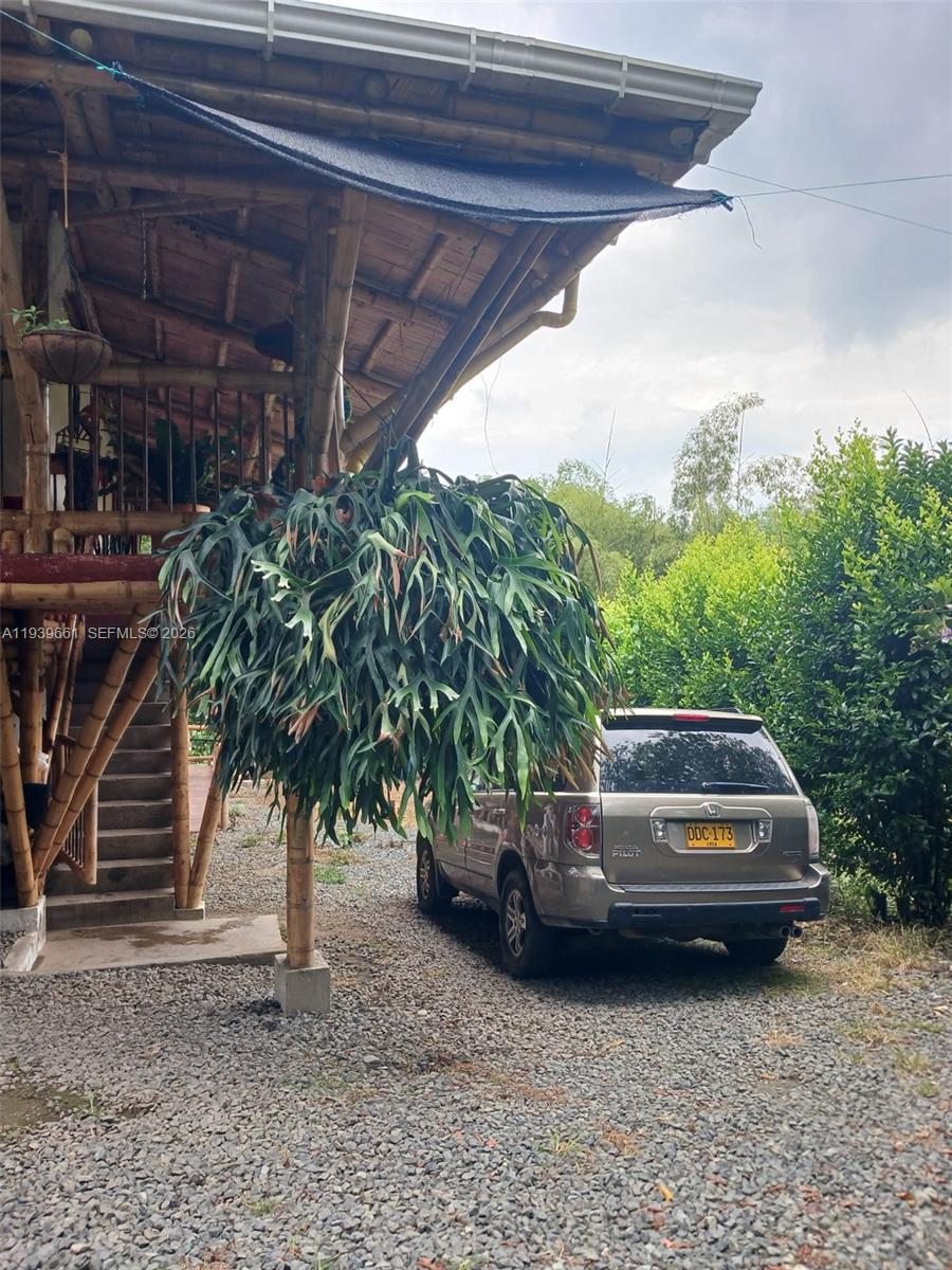 A large staghorn fern hangs near a bamboo structure and a parked SUV — Quimbaya Colombia, FL 0, FL