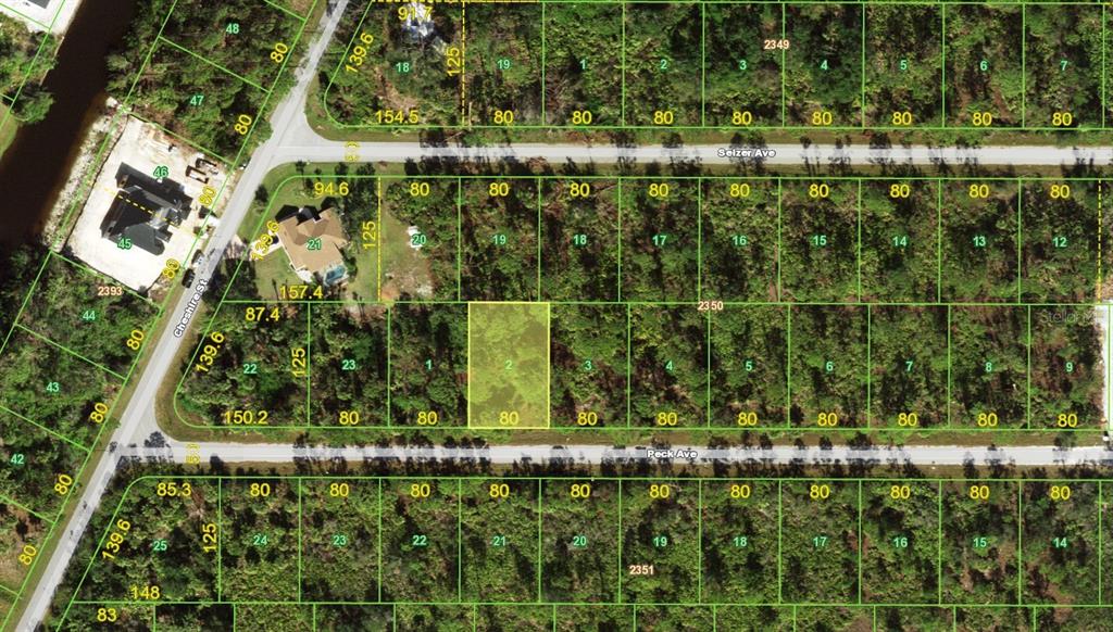 This is a map showing a highlighted vacant residential lot among surrounding wooded parcels — 13104 PECK AVENUE, PORT CHARLOTTE, FL