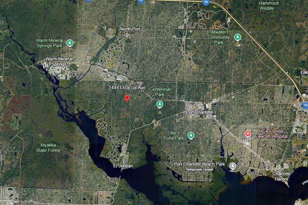 This is a satellite map showing the location of a property in Port Charlotte, Florida — 14441 RACOA AVENUE, PORT CHARLOTTE, FL