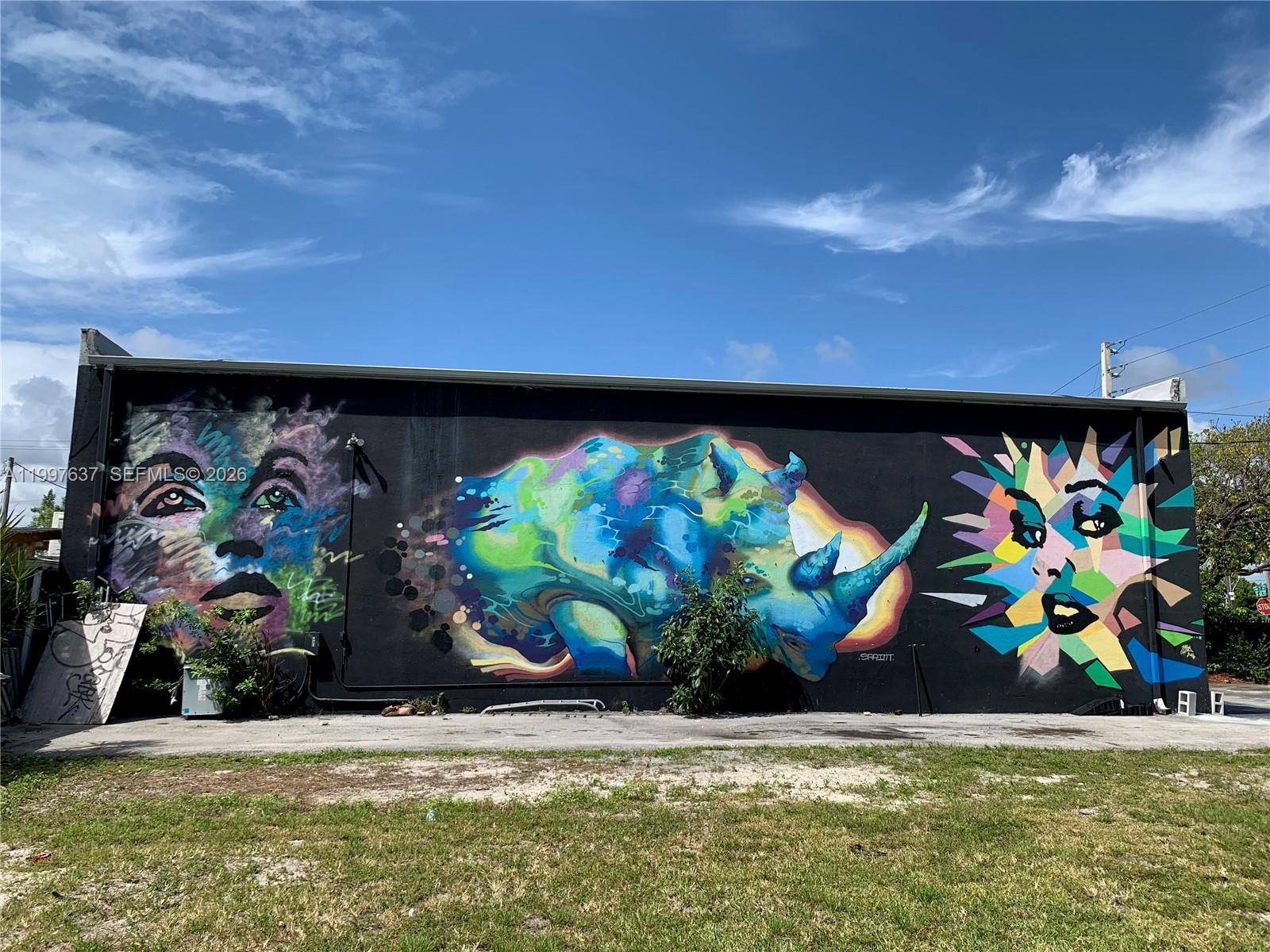 A large, colorful mural featuring a rhinoceros and two faces painted on a black wall — 4151 NW 2nd Ave, Miami FL 33127, MIAMI, FL