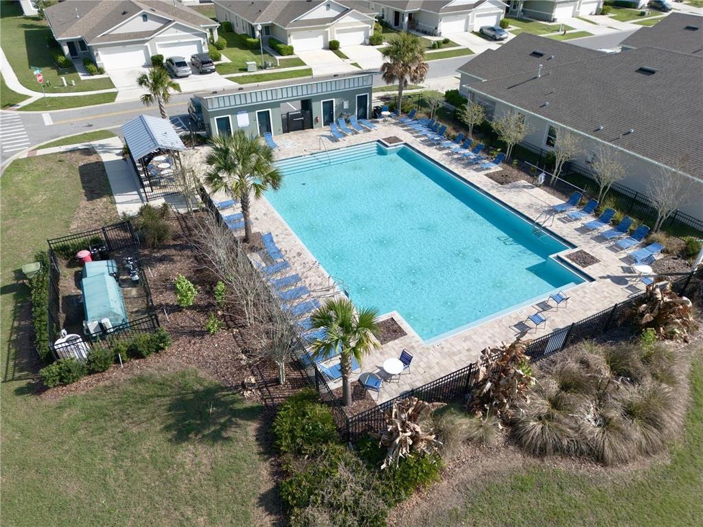 An aerial view shows a rectangular swimming pool surrounded by lounge chairs and landscaping — 29994 ANAHID DRIVE, LEESBURG, FL