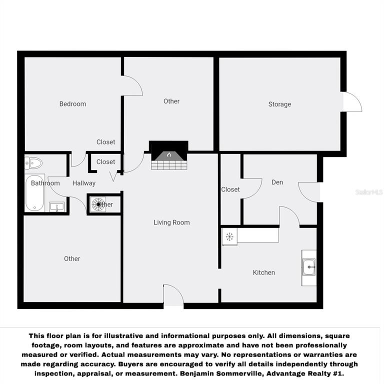 This is a floor plan showing a one-bedroom residential layout with a kitchen and den — 930 W MAIN STREET, AVON PARK, FL