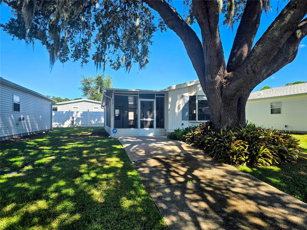 A single-story house with a screened front porch, a large tree, and a concrete driveway — 615 NE COTTAGE PARK LANE, LEESBURG, FL
