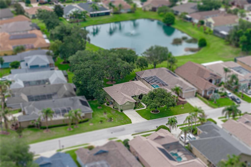 An aerial view shows a suburban house with a pool cage near a pond — 12215 WOODLANDS CIRCLE, DADE CITY, FL